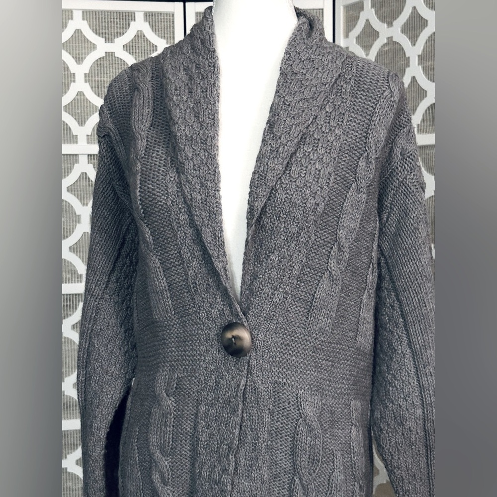Aran Crafts Wool Gray Cable Knit Cardigan Irish XL 1X 2X Long Button Plus XXL - Picture 7 of 14